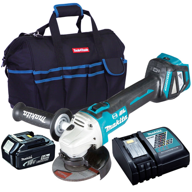 Makita DGA513Z 18V Brushless 125mm Angle Grinder with 1 x 5.0Ah Battery Charger & Bag - MonkeyTools