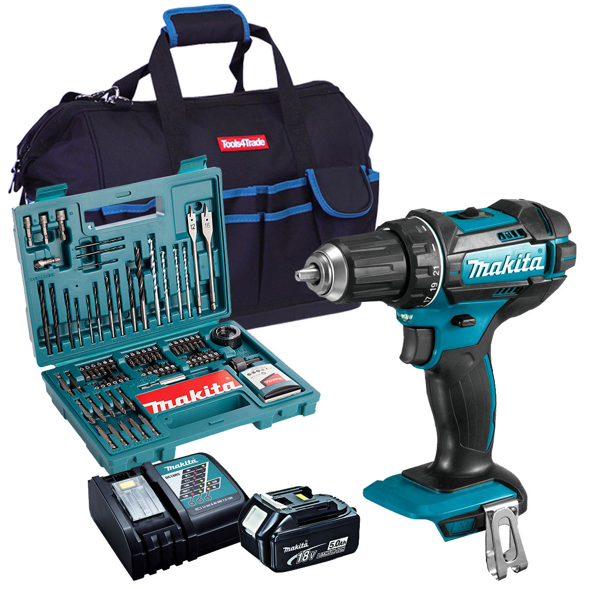 Makita DHP482Z 18V Combi Drill with 1 x 5.0Ah Battery + Charger + Accessories & Tool Bag - MonkeyTools