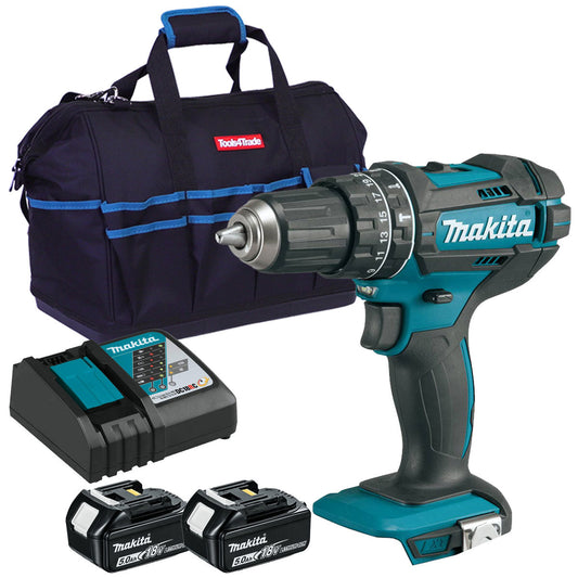 Makita DHP482Z 18V Combi Drill with 2 x 5.0Ah Battery Charger & Tool Bag - MonkeyTools