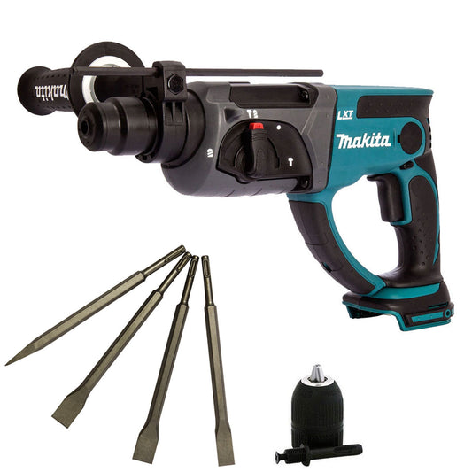 Makita DHR202Z 18V SDS+ Rotary Hammer with 4 Piece Chisel Set + Keyless Chuck - MonkeyTools