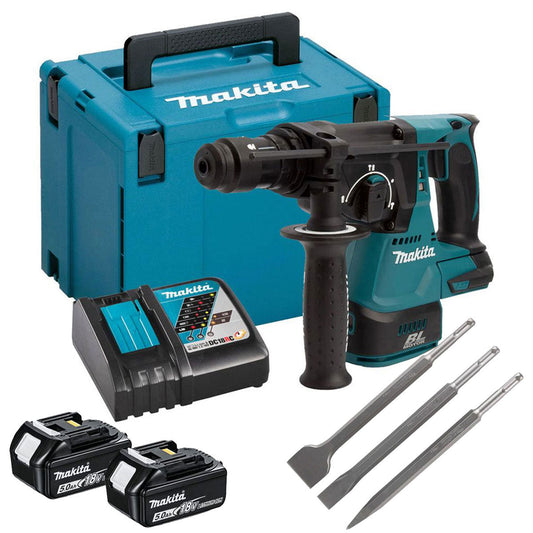 Makita DHR243RTJ 18V Brushless SDS+ Rotary Hammer Drill With 2 x 5.0Ah Battery, Charger & 3 Piece Chisel - MonkeyTools