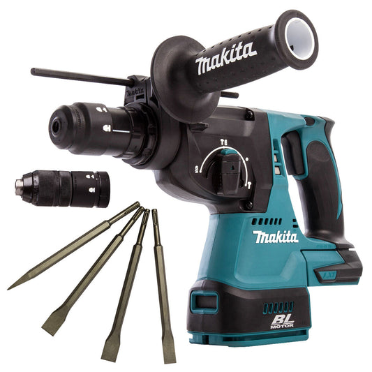 Makita DHR243Z 18V Brushless 24mm SDS+ Rotary Hammer Drill & 4 Piece Chisel Set - MonkeyTools