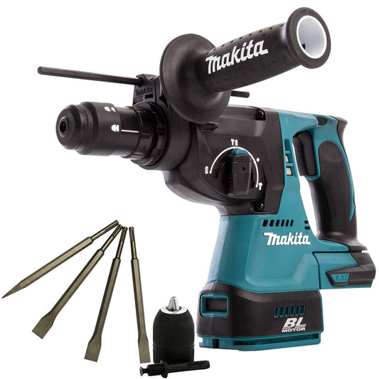 Makita DHR243Z 18V Brushless Hammer Drill & 4 Piece Chisel Set + Keyless Chuck - MonkeyTools