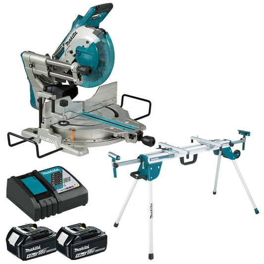 Makita DLS110Z 18V / 36V Brushless Mitre Saw With 2 x 4.0Ah Batteries Charger & Stand - MonkeyTools