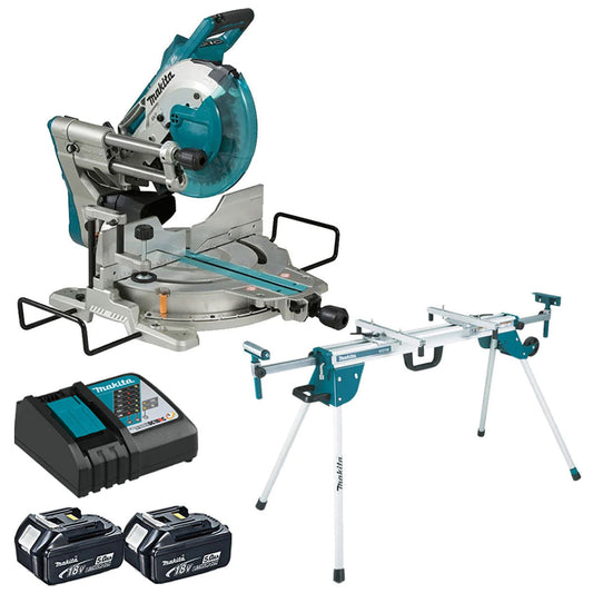 Makita DLS110Z 18V / 36V Brushless Mitre Saw With 2 x 5.0Ah Batteries, Charger & Stand - MonkeyTools