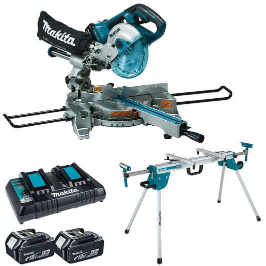 Makita DLS714NZ 36V Brushless Slide Compound Mitre Saw With 2 x 5.0Ah Batteries Charger & Stand - MonkeyTools