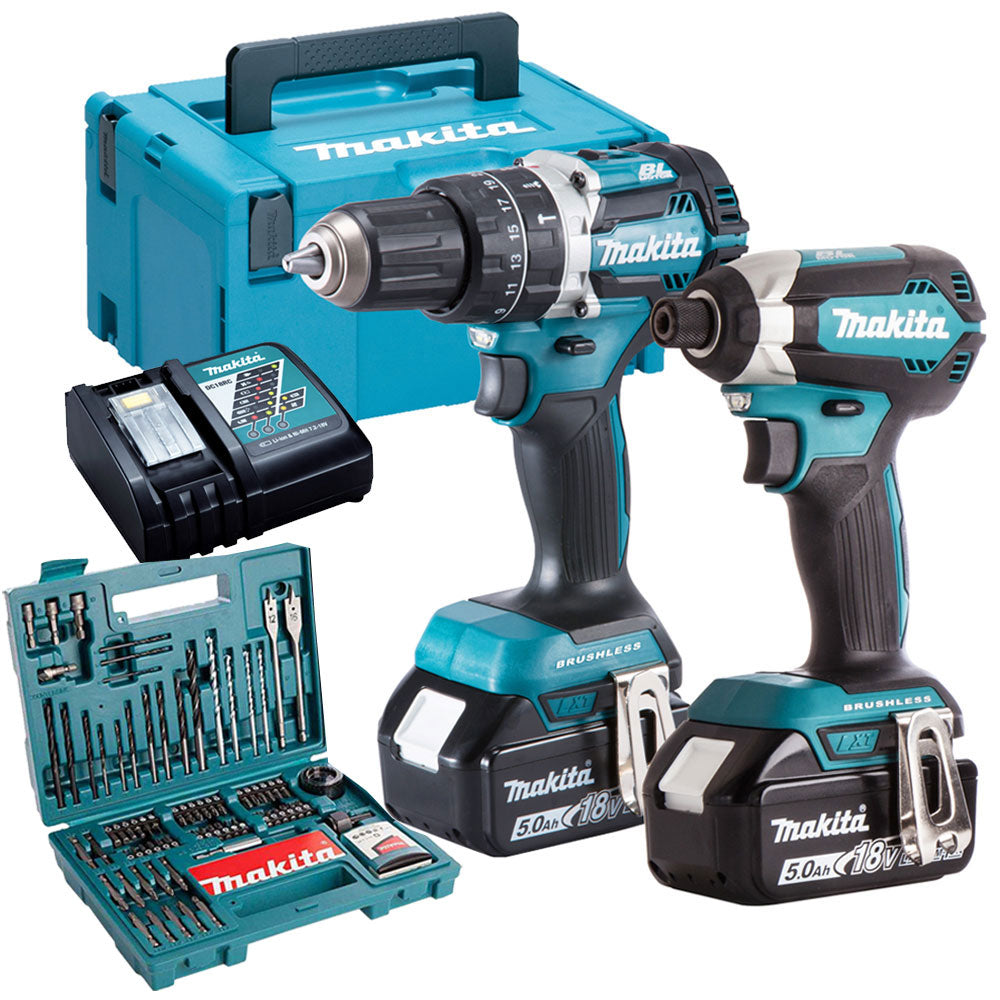 Makita DLX2180TJ 18V Brushless Twin Kit With 2 x 5.0Ah Batteries, Charger & 100 Piece Drill Set - MonkeyTools