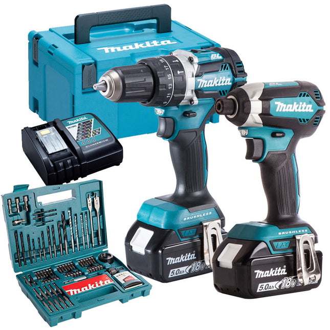 Makita DLX2180TJ 18V Brushless Twin Kit With 2 x 5.0Ah Batteries, Charger & 100 Piece Drill Set - MonkeyTools