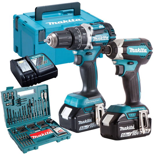Makita DLX2180TJ 18V Brushless Twin Kit With 2 x 5.0Ah Batteries, Charger & 100 Piece Drill Set - MonkeyTools