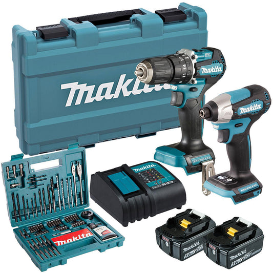 Makita DLX2414ST 18V Brushless Twin Pack Combi Drill & Impact Driver With 2 x 5.0Ah Battery & 100 Piece Drill Set - MonkeyTools