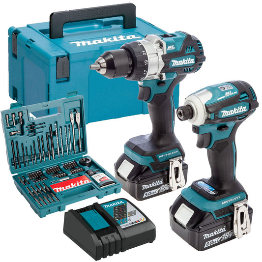 Makita DLX2455TJ 18V Brushless Twin Pack Combi Drill & Impact Driver with 2 x 5.0Ah Battery & 100 Piece Drill Set - MonkeyTools