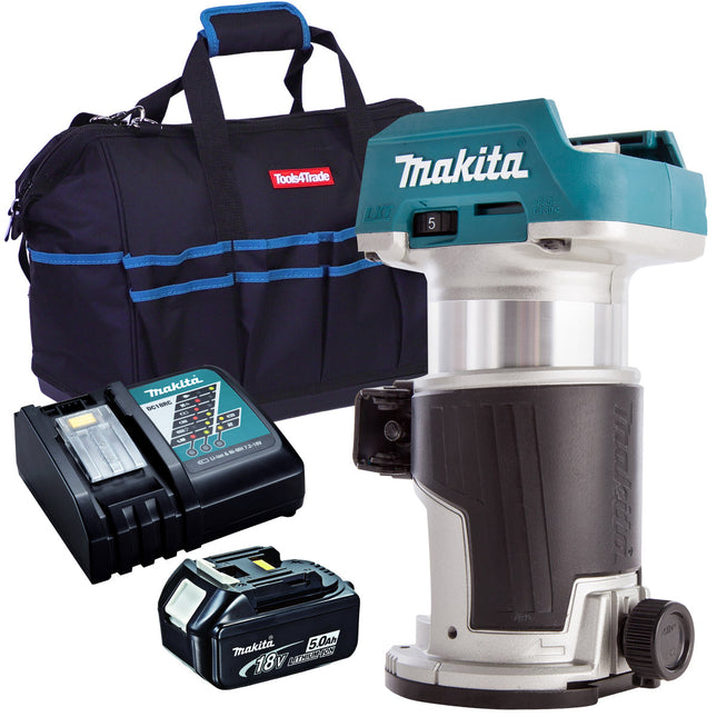 Makita DRT50Z 18V Brushless Router Trimmer with 1 x 5.0Ah Battery Charger & Bag - MonkeyTools