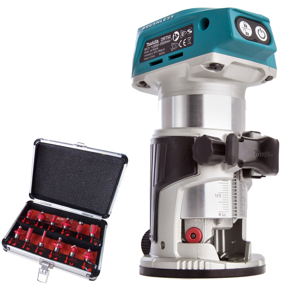 Makita DRT50Z 18V Li-ion Brushless Router Trimmer with 1/4" 12 Piece Cutter Set - MonkeyTools