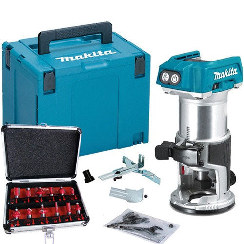 Makita DRT50ZJ 18V Brushless 1/4 Router Trimmer Case + 12 Pcs Router Cutter Set - MonkeyTools
