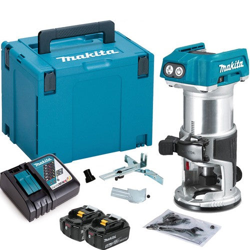 Makita DRT50ZJ 18V Brushless 1/4" Router Trimmer with 2 x 5.0Ah Battery & Charger in Case - MonkeyTools