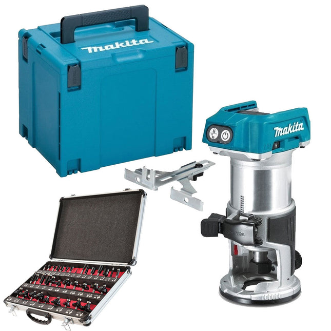 Makita DRT50ZJ 18V Brushless Router Trimmer Case with 1/4" 35 Piece Cutter Set - MonkeyTools