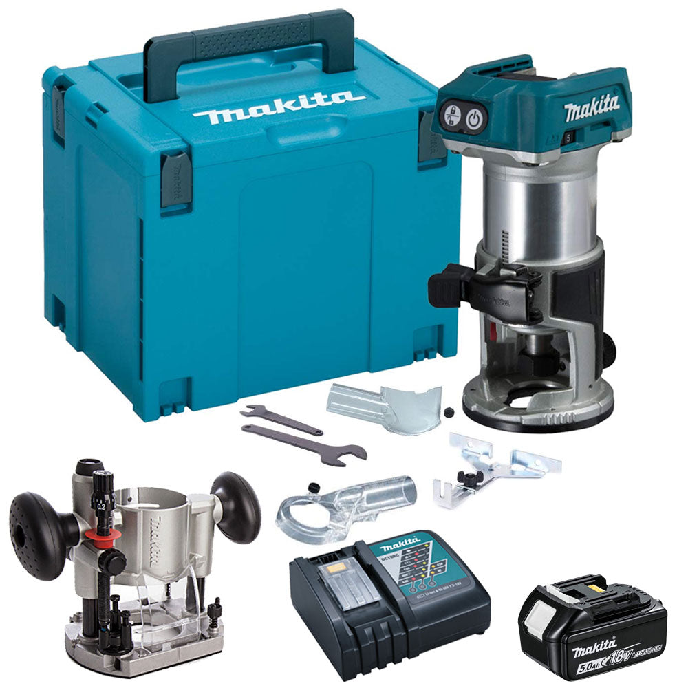 Makita DRT50ZJ 18V Brushless Router Trimmer With 5.0Ah Battery & Charger + Accessories - MonkeyTools