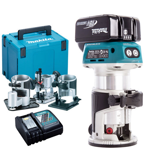 Makita DRT50ZJX3 18V Brushless Router Trimmer With 1 x 5.0Ah Battery & Charger Extra Bases In Case - MonkeyTools