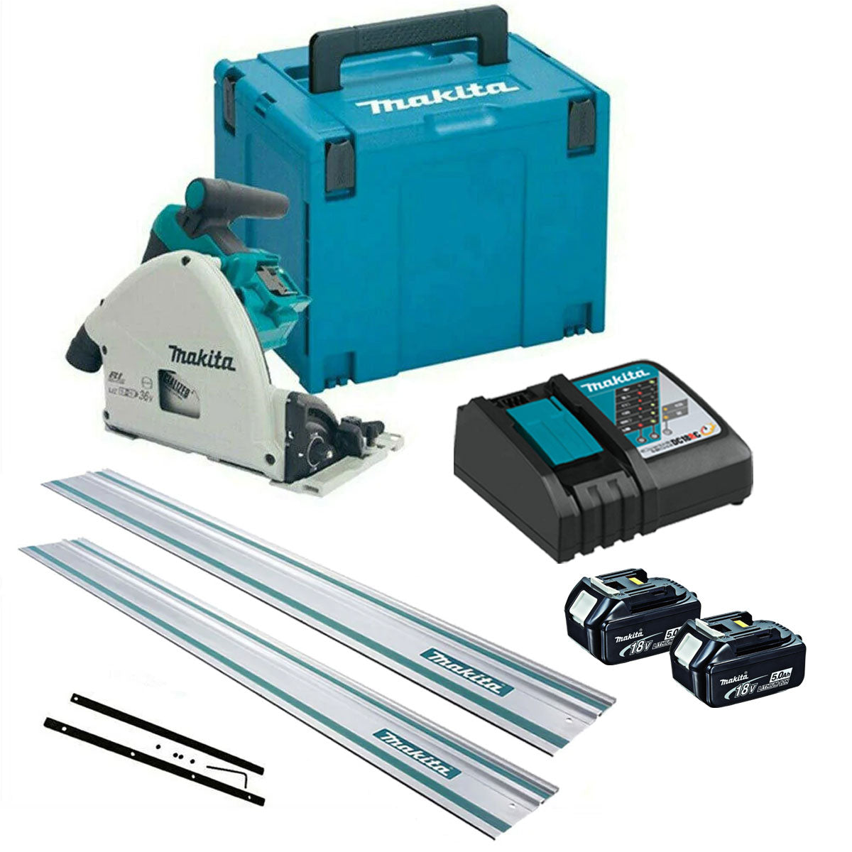 Makita DSP600TJ 36V Brushless Plunge Saw with 2 x 5.0Ah Batteries Charger + 2 x Guide Rail & Connector - MonkeyTools