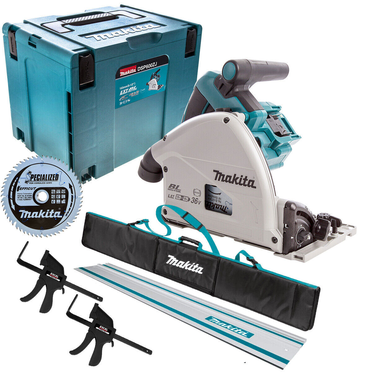 Makita DSP600ZJ 36V Brushless 165mm Plunge Saw with 1x1.5m Guide Rail+Clamp+Bag+Blade - MonkeyTools