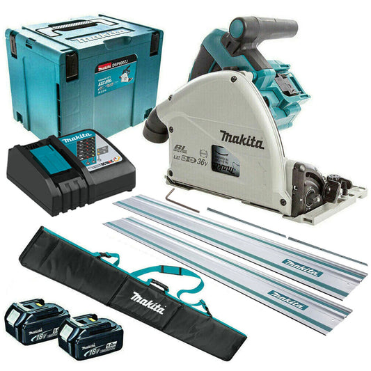 Makita DSP600ZJ 36V Brushless 165mm Plunge Saw with 2 x 5.0Ah Battery & Charger + Accessories - MonkeyTools