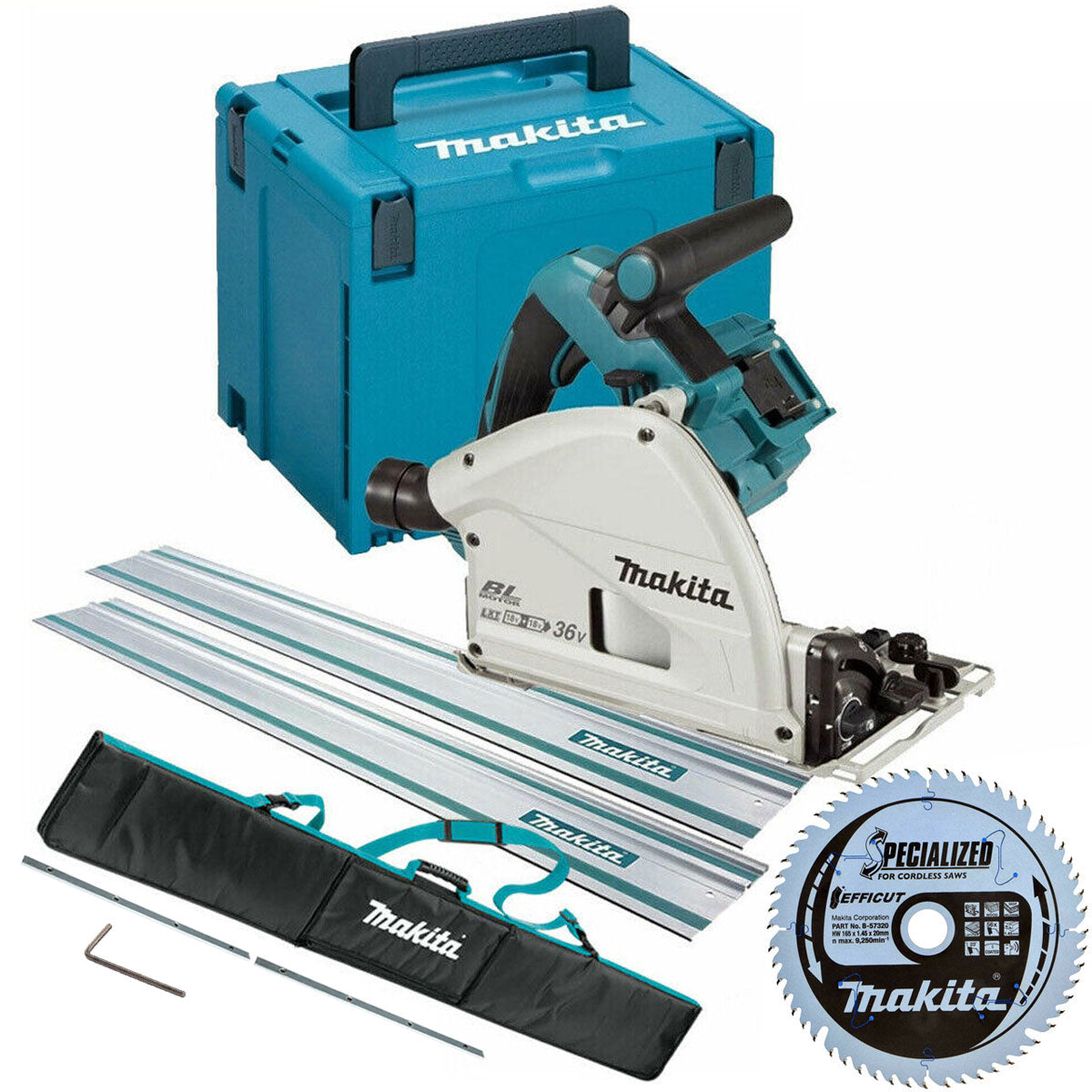 Makita DSP600ZJ 36V Brushless 165mm Plunge Saw with 2x1.5m Guide Rail Case+Bag+Blade - MonkeyTools