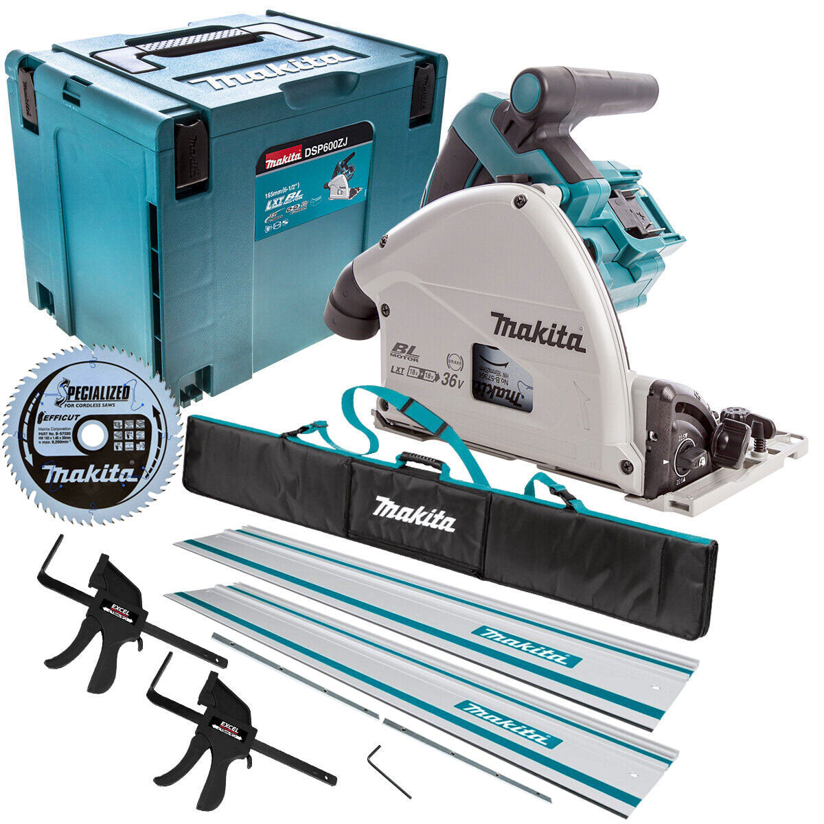Makita DSP600ZJ 36V Brushless 165mm Plunge Saw with 2x1.5m Guide Rail+Clamp+Bag+Blade - MonkeyTools