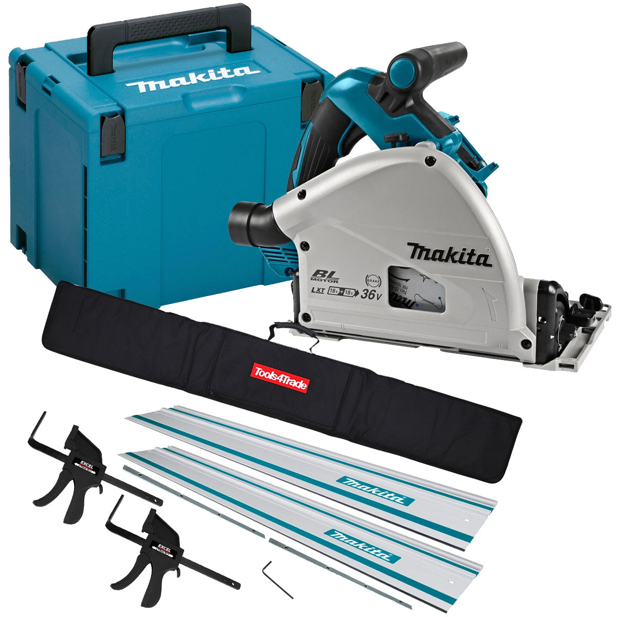 Makita DSP601ZJU 36V Brushless AWS Plunge Saw + 2 x Guide Rail, Connector & Clamp Set - MonkeyTools