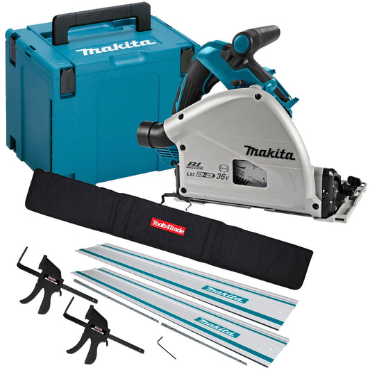 Makita DSP601ZJU 36V Brushless AWS Plunge Saw + 2 x Guide Rail, Connector & Clamp Set - MonkeyTools