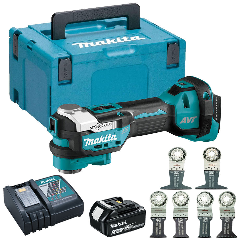 Makita DTM52Z 18V Brushless Multi Tool With 1 x 5.0Ah Battery Charger Case & 6 Piece Accessories Set - MonkeyTools