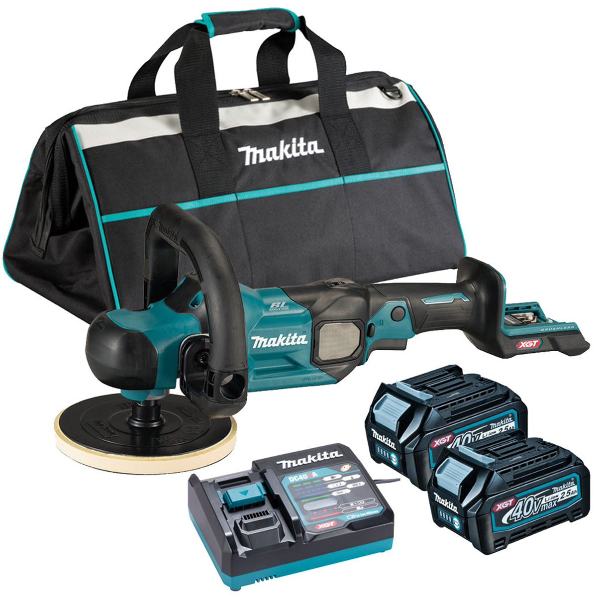 Makita PV001GD201 40Vmax XGT Brushless 180mm Polisher With 2 x 2.5Ah Batteries Charger & Tool Bag - MonkeyTools
