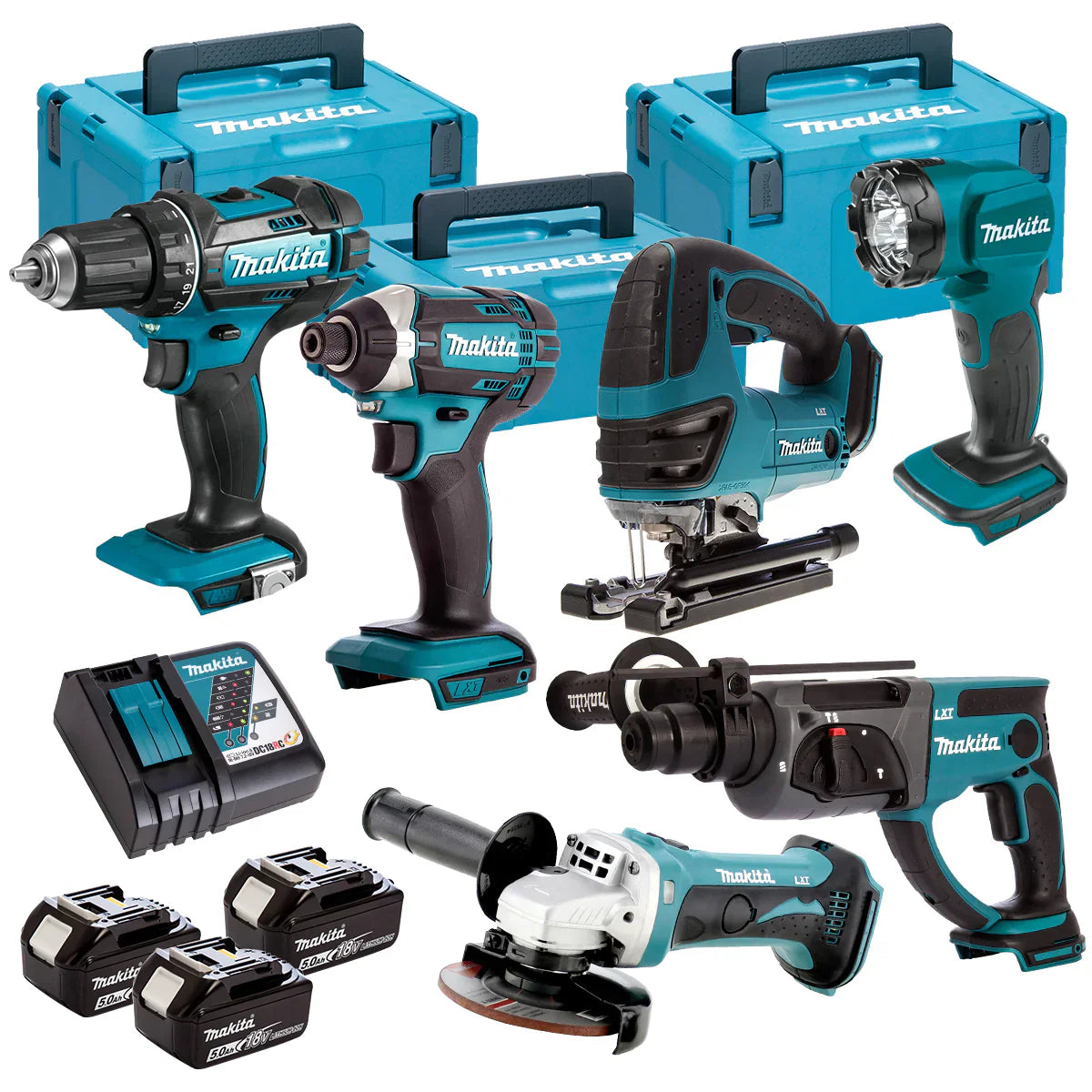 Makita 6 Piece Kit 18V Li-ion With 3 x 5.0Ah Batteries Charger - MonkeyTools