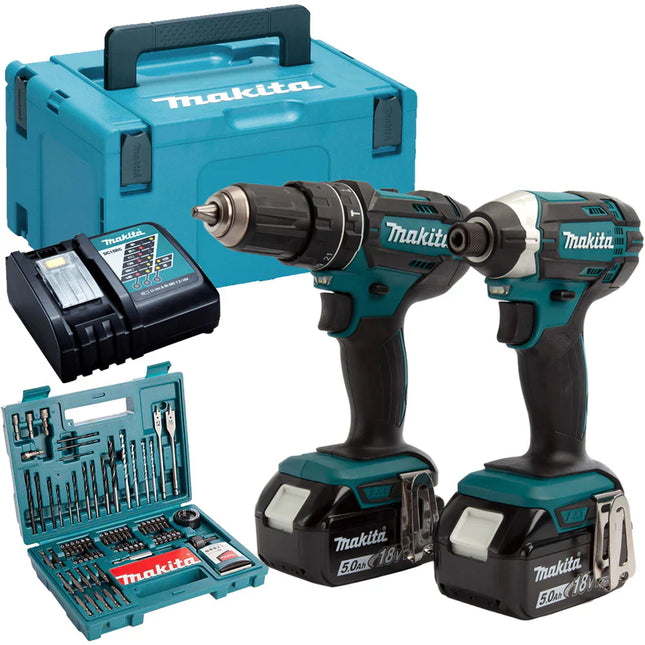Makita DLX2131TJ 18V LXT Twin Kit 2 x 5.0Ah Batteries with 100 Piece Drill Set - MonkeyTools