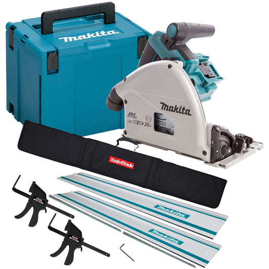 Makita DSP600ZJ 36V Brushless Plunge Saw + 2 x Guide Rail, Connector & Clamp Set - MonkeyTools