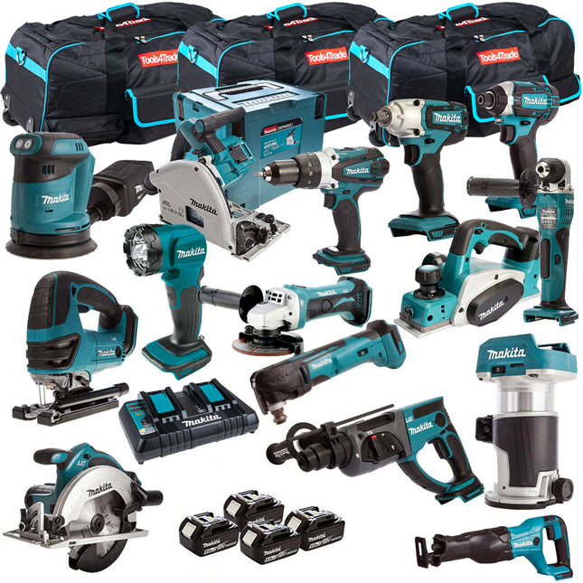 Makita 18V 15 Piece Power Tool Kit with 4 x 5Ah Battery Charger & 3 x Bag T4TKIT-1600 - MonkeyTools