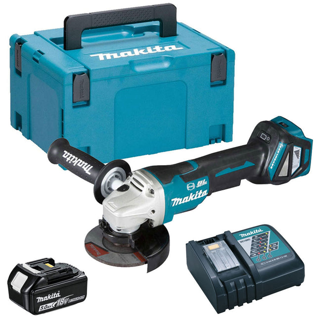 Makita DGA467Z 18V Cordless Brushless 115mm Angle Grinder With 1 x 5.0Ah Battery Charger & Type 3 Case - MonkeyTools