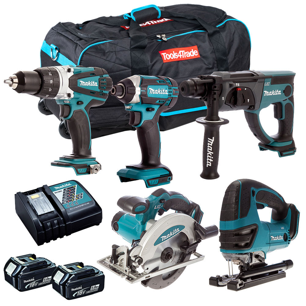 Makita 18V 5 Piece Cordless Power Tool Kit with 2 x 5.0Ah Battery Charger & Bag T4TKIT-12874 - MonkeyTools