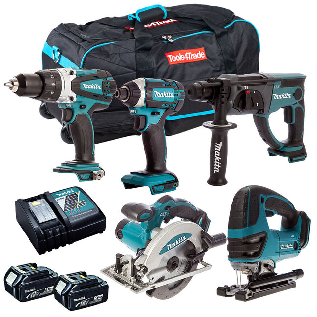Makita 18V 5 Piece Cordless Power Tool Kit with 2 x 5.0Ah Battery Charger & Bag T4TKIT-12874 - MonkeyTools