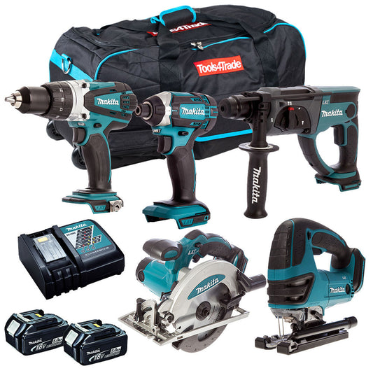 Makita 18V 5 Piece Cordless Power Tool Kit with 2 x 5.0Ah Battery Charger & Bag T4TKIT-12874 - MonkeyTools