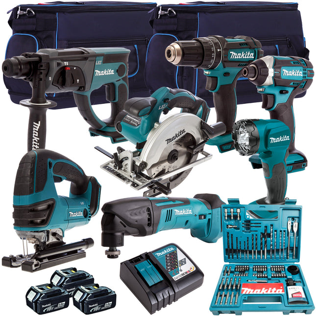 Makita 18V 7 Piece Power Tool Kit with 3 x 5.0Ah Battery Charger Bag & 100 Piece Bit Set T4TKIT-610 - MonkeyTools