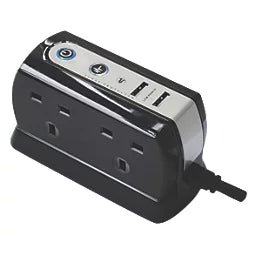 MASTERPLUG 13A 4-GANG UNSWITCHED SURGE-PROTECTED EXTENSION LEAD + 2.1A 2-OUTLET TYPE A USB CHARGER GLOSS BLACK 1M - MonkeyTools