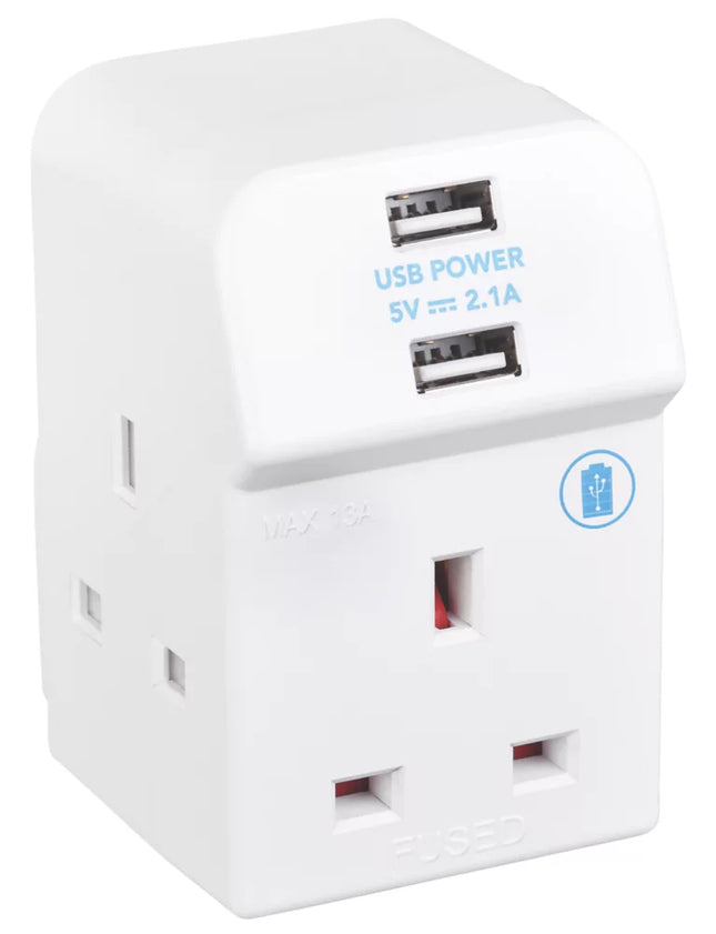 MASTERPLUG 13A FUSED 3-WAY SOCKET ADAPTOR + 2.1A 2-OUTLET TYPE A USB CHARGER WHITE - MonkeyTools