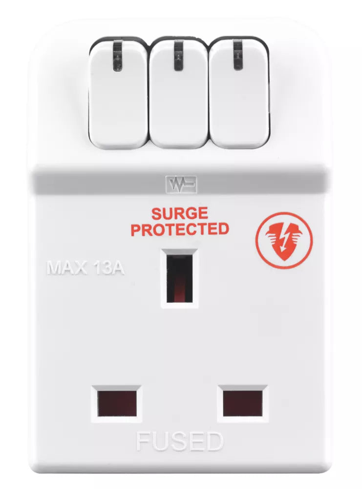 MASTERPLUG 13A FUSED 3-WAY SURGE-PROTECTED PLUG ADAPTOR WHITE - MonkeyTools