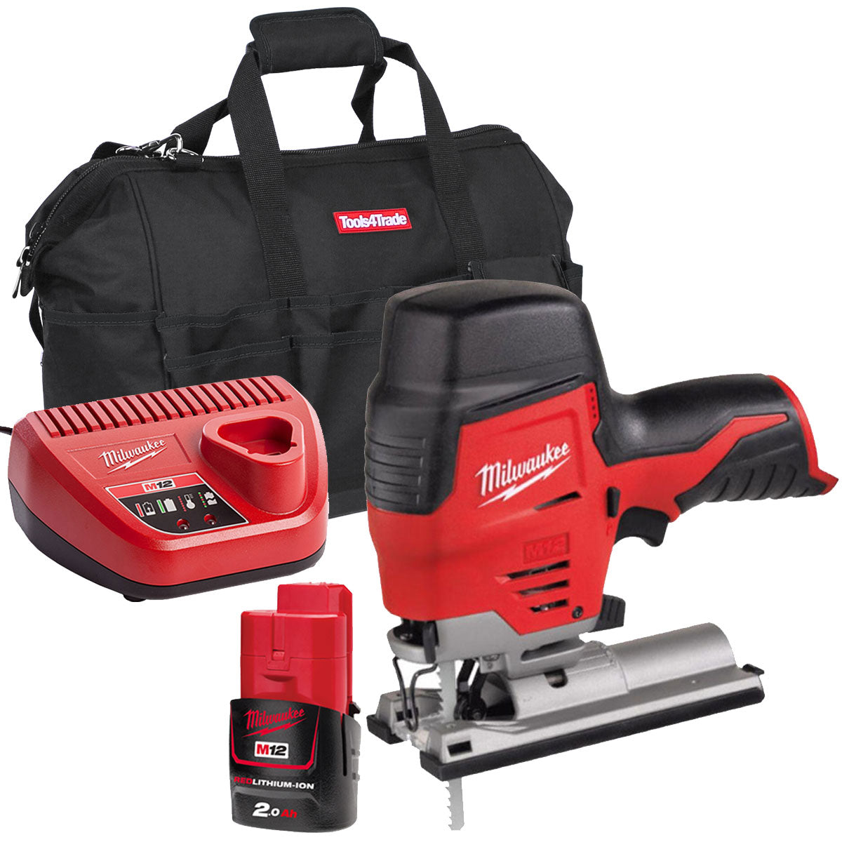 Milwaukee M12JS-0 12V Cordless Compact Jigsaw with 1 x 2.0Ah Battery & Charger in Bag - MonkeyTools
