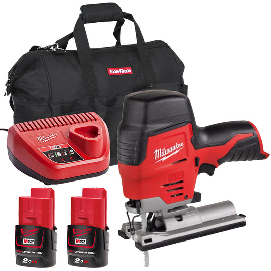 Milwaukee M12JS-0 12V Cordless Compact Jigsaw with 2 x 2.0Ah Batteries & Charger in Bag - MonkeyTools