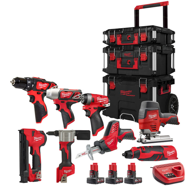Milwaukee 12V 8 Piece Power Tool Kit With 3 x 6.0Ah Battery Charger & Trolley Toolbox - MonkeyTools