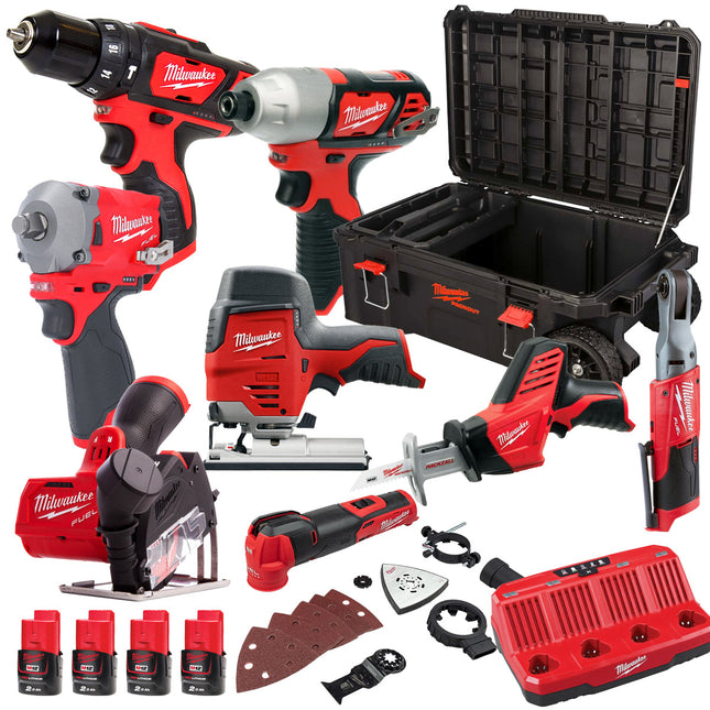 Milwaukee 12V Cordless 8 Piece Tool Kit with 4 x 2.0Ah Batteries & Charger T4TKIT-16550 - MonkeyTools