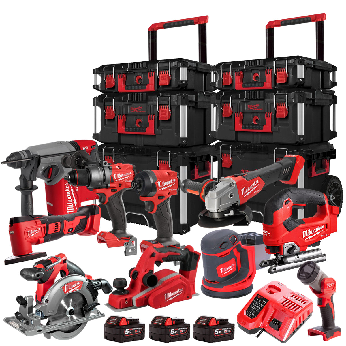 Milwaukee 18V 10 Piece Power Tool Kit With 3 x 5.0Ah Battery Charger & Trolley Toolbox - MonkeyTools