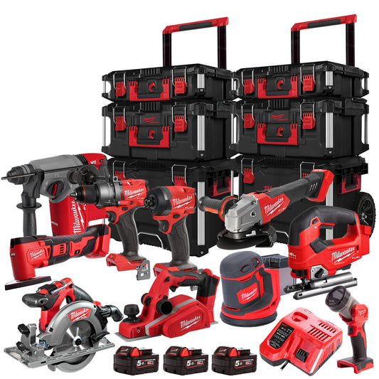 Milwaukee 18V 10 Piece Power Tool Kit With 3 x 5.0Ah Battery Charger & Trolley Toolbox - MonkeyTools