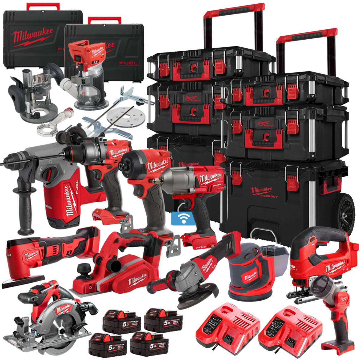 Milwaukee 18V 12 Piece Power Tool Kit With 4 x 5.0Ah Battery Charger & Trolley Toolbox - MonkeyTools